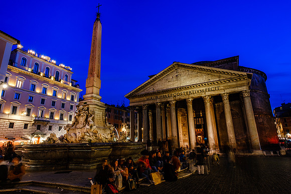 Rome, Italy city views of St. Peter's, the Colosseum, Piazza Navona, Trevi Fountain, the Pantheon, and Roman Forum Blue Hour and Sunset