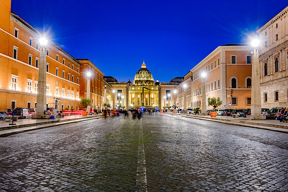 Rome, Italy city views of St. Peter's, the Colosseum, Piazza Navona, Trevi Fountain, the Pantheon, and Roman Forum Blue Hour and Sunset