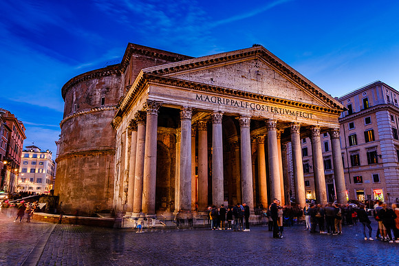 Rome, Italy city views of St. Peter's, the Colosseum, Piazza Navona, Trevi Fountain, the Pantheon, and Roman Forum Blue Hour and Sunset