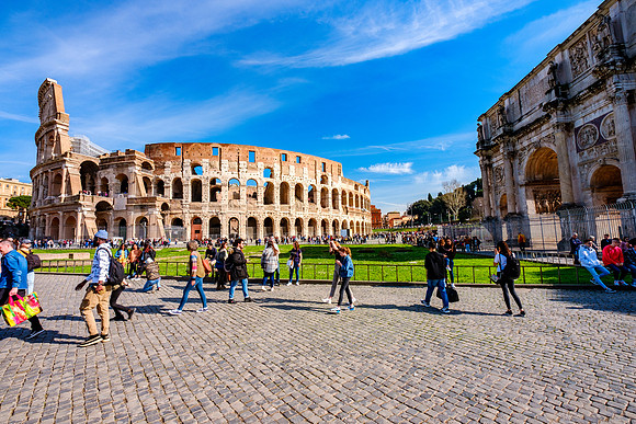 Rome, Italy city views of St. Peter's, the Colosseum, Piazza Navona, Trevi Fountain, the Pantheon, and Roman Forum Blue Hour and Sunset