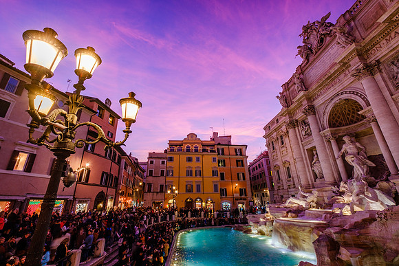Rome, Italy city views of St. Peter's, the Colosseum, Piazza Navona, Trevi Fountain, the Pantheon, and Roman Forum Blue Hour and Sunset